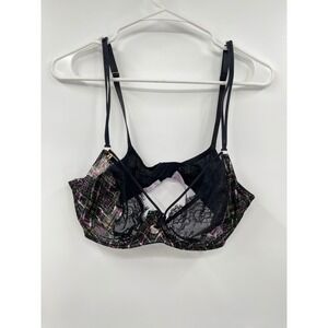 Savage X Fenty Plaid Lace Balconette Bra Black Pink Green Metallic Ring Detail